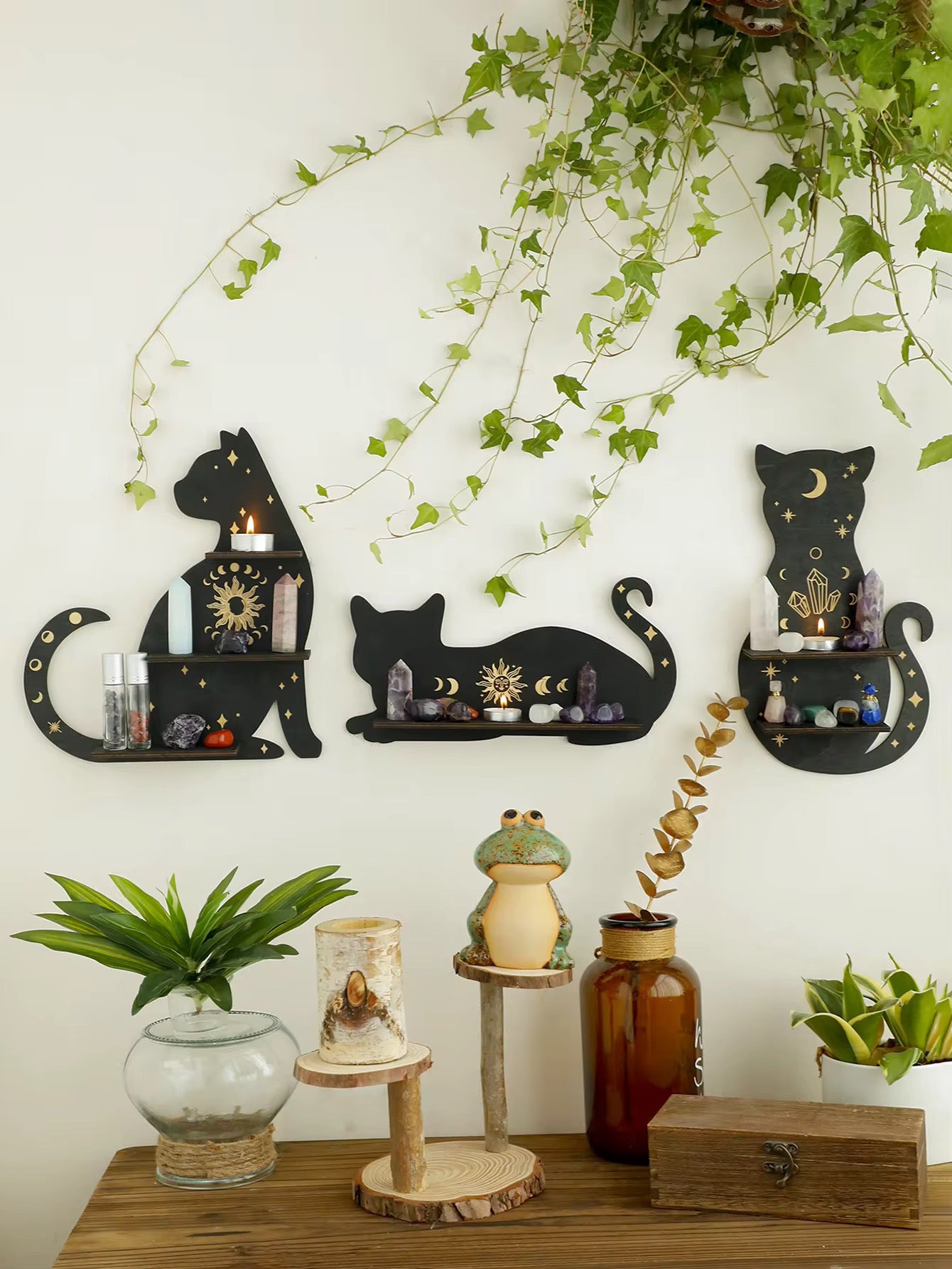 Black cat wooden shelf for holding crystals and stones