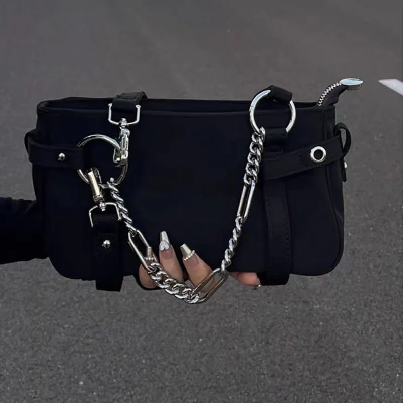 Black grunge shoulder bag with chain decor for a stylish look