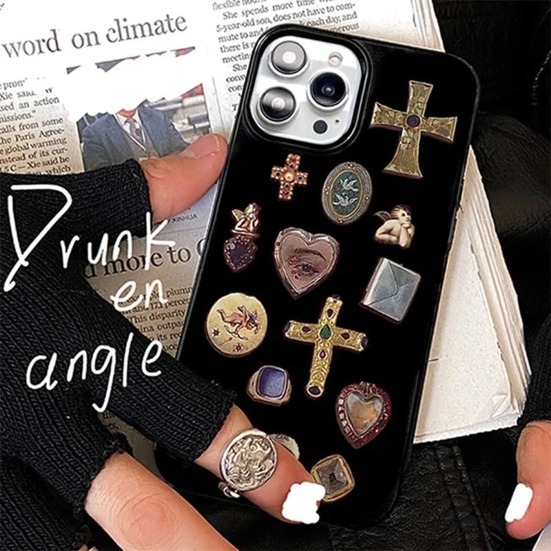 Black Retro iPhone Case with Gothic Cross Design