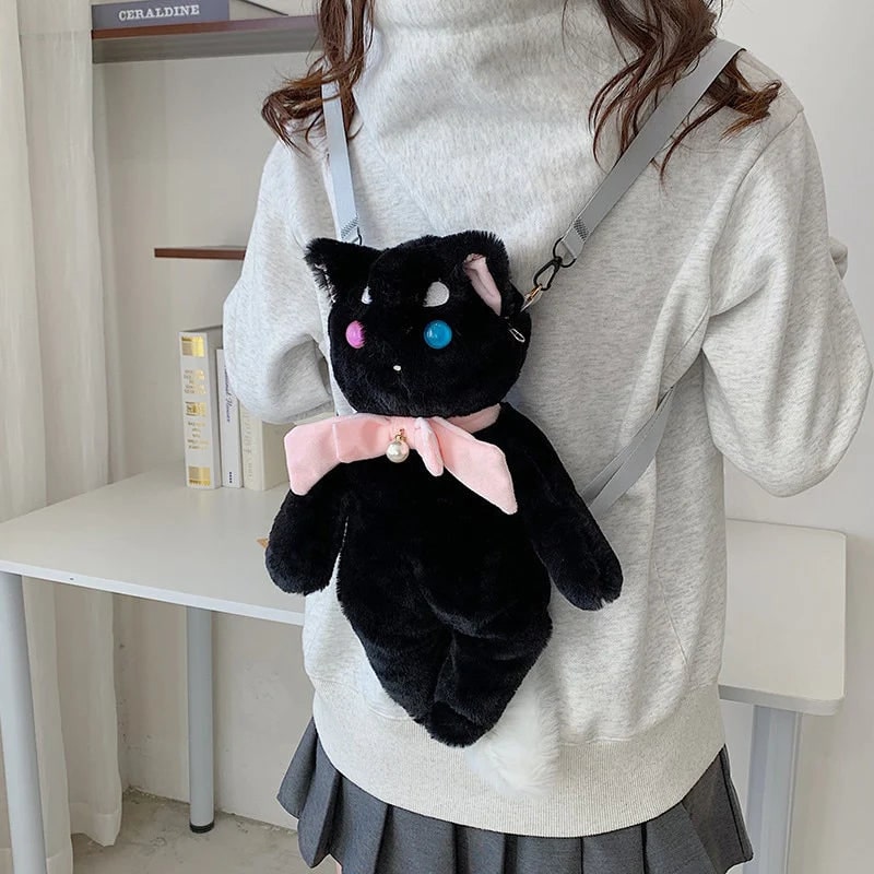 Cute plush cat backpack for school with big eyes and kawaii style