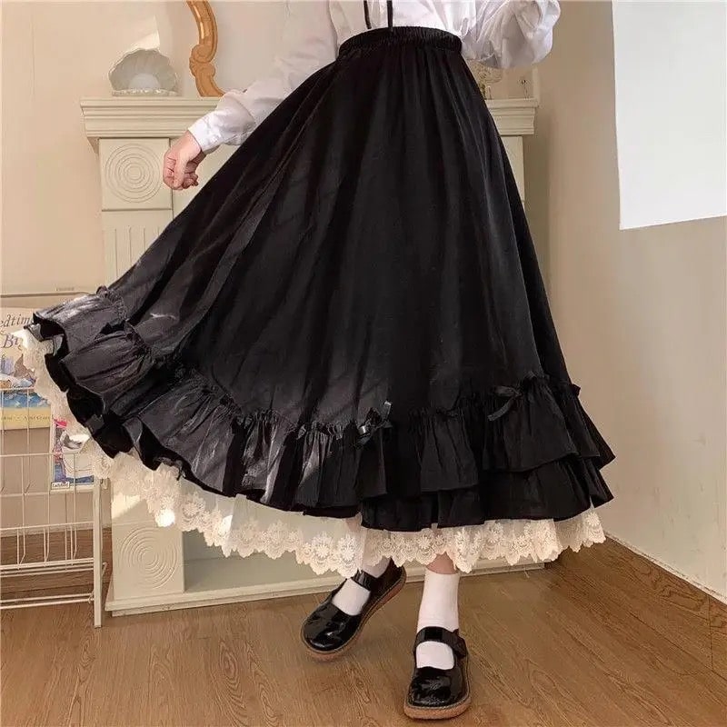 Vintage French-inspired ruffled long skirt in solid color