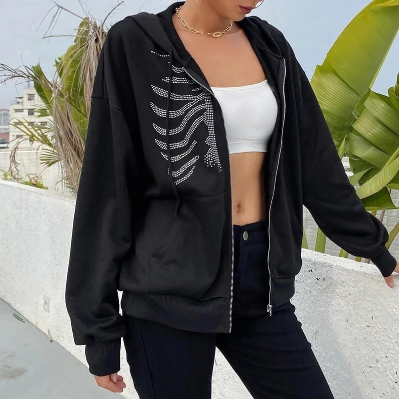 Rhinestone Hoodie | Y2K Skeleton Zip Up Oversized – The Feelz