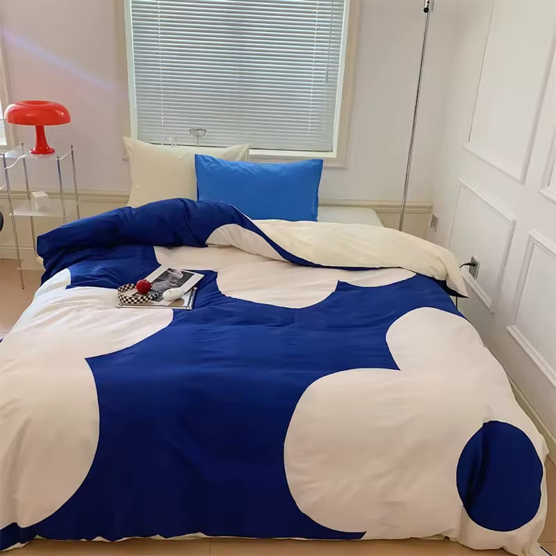 Korean aesthetic cotton satin duvet set in bold cobalt and cream