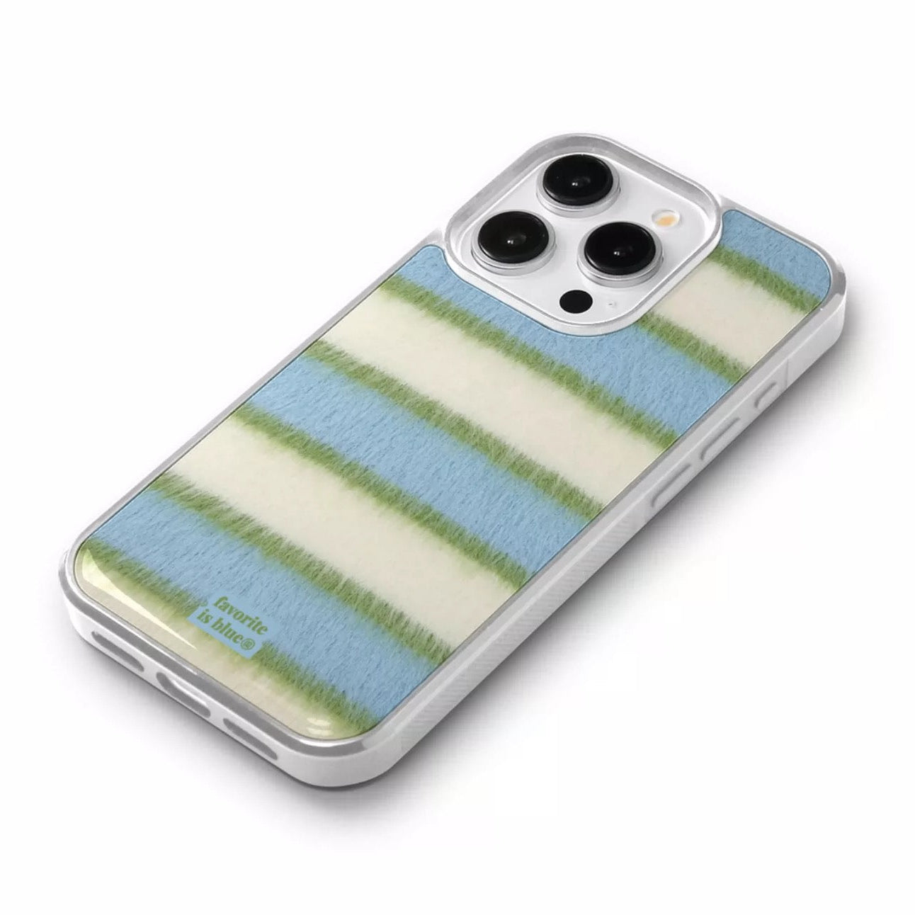 Phone case with blue and green striped pattern on a white background