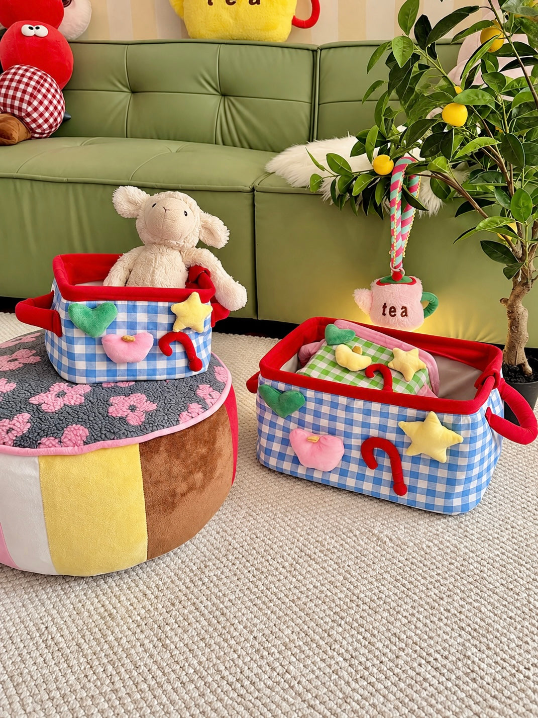Blue plaid storage basket styled with colorful decor in a kawaii room