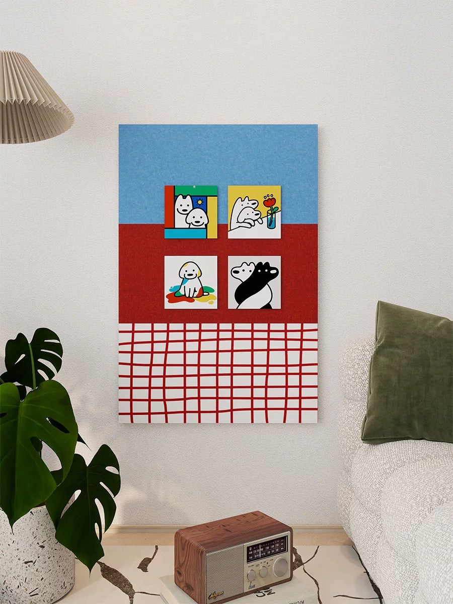 Blue and red checkered felt pin board styled on a bedroom wall beside a floor lamp, plant, bed, and small radio
