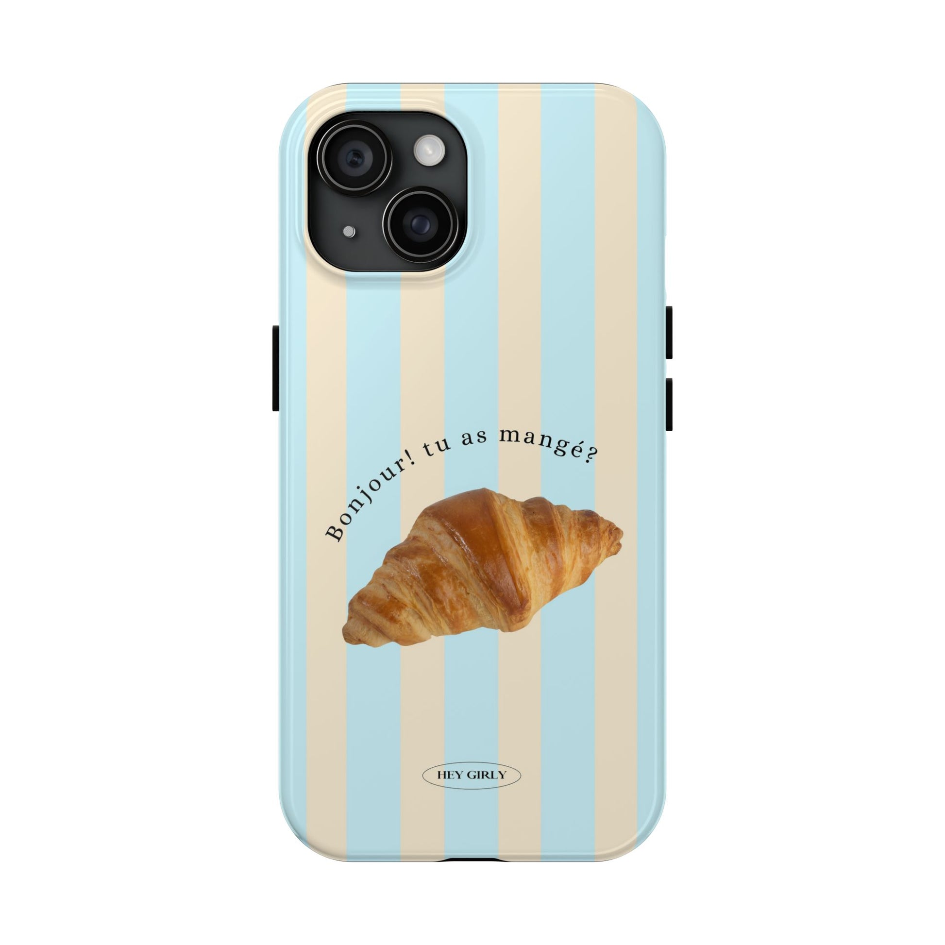 Glossy blue and cream striped iPhone case with croissant graphic from TheFeelz x HeyGirly