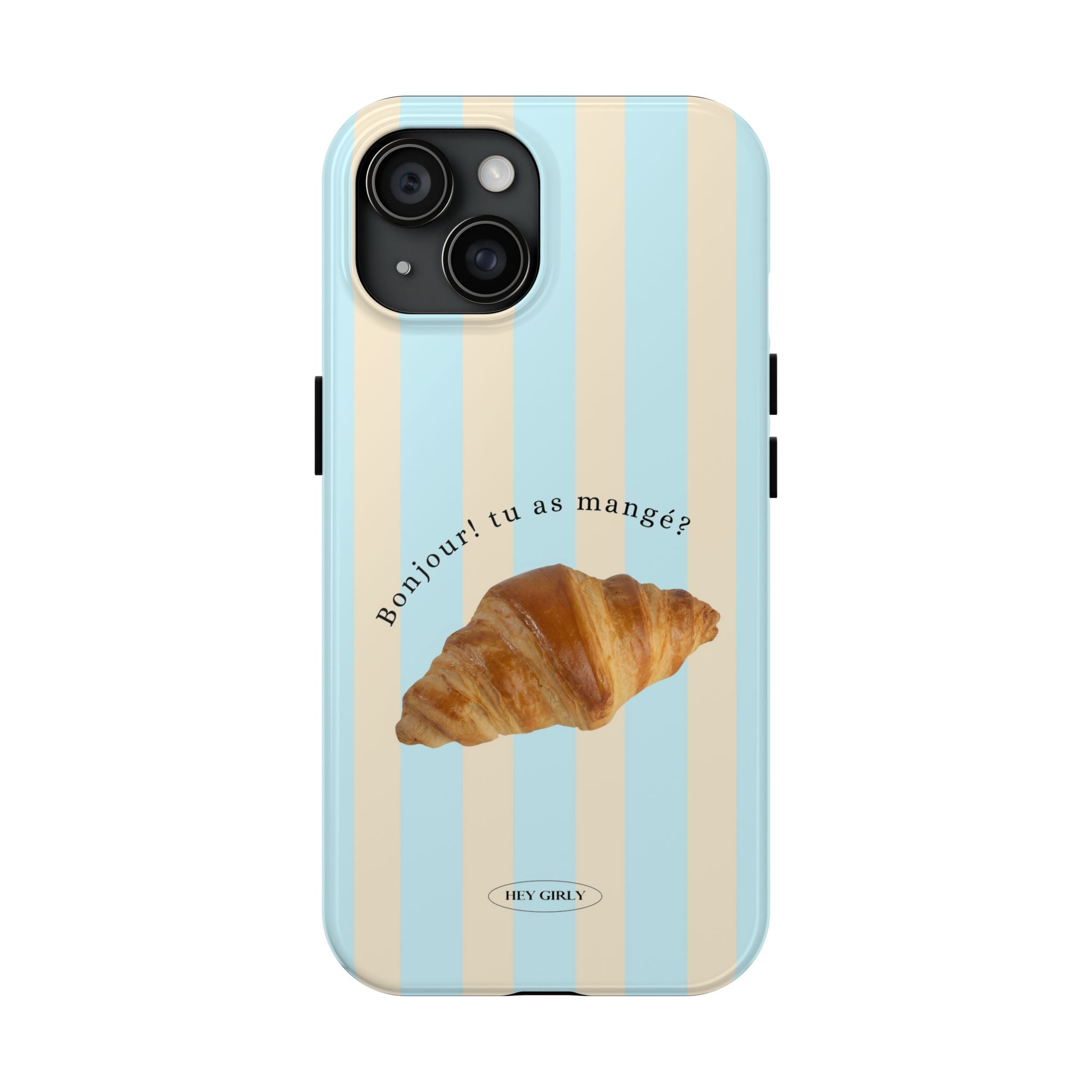 Glossy blue and cream striped iPhone case with croissant graphic from TheFeelz x HeyGirly