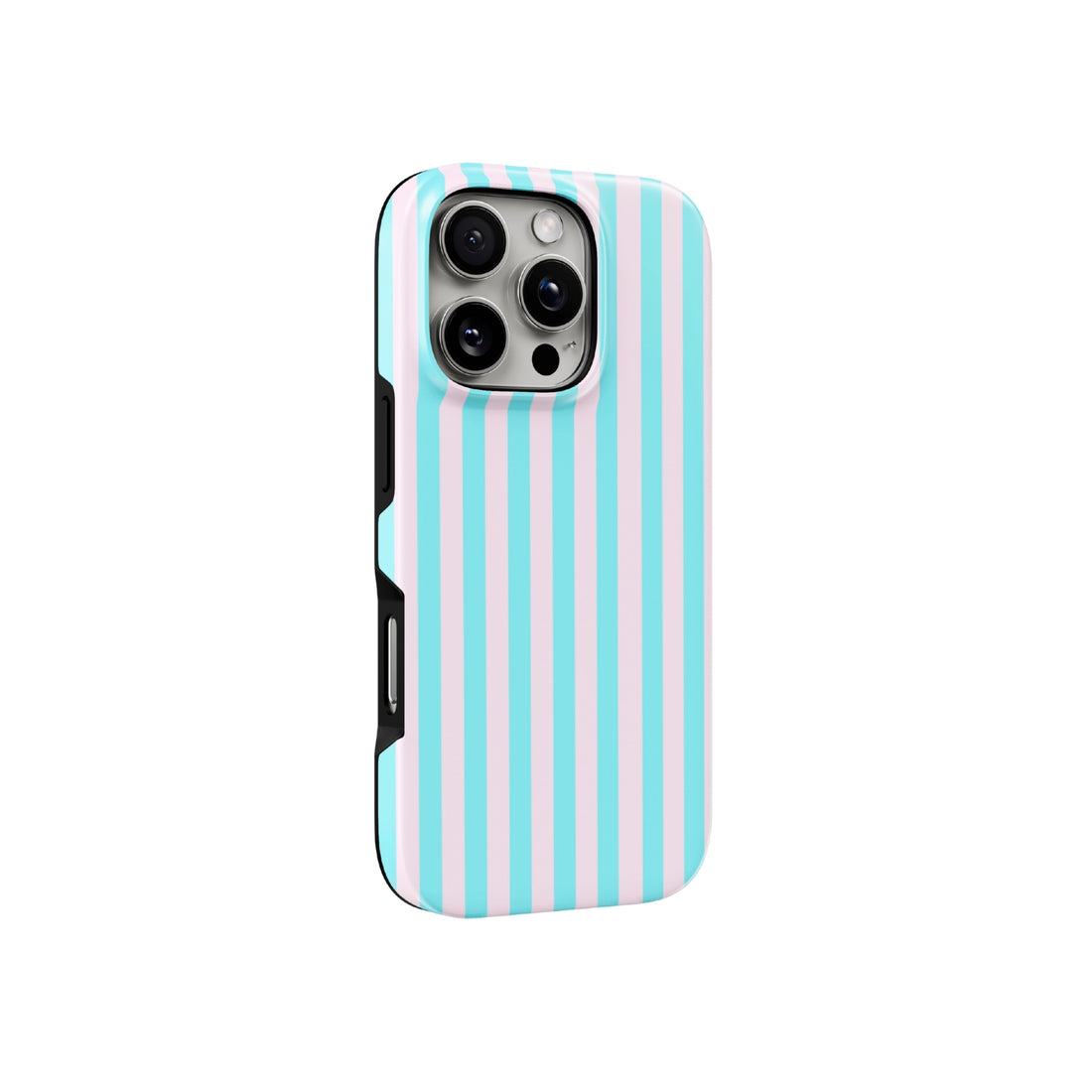Phone case with blue and pink vertical stripes on a white background