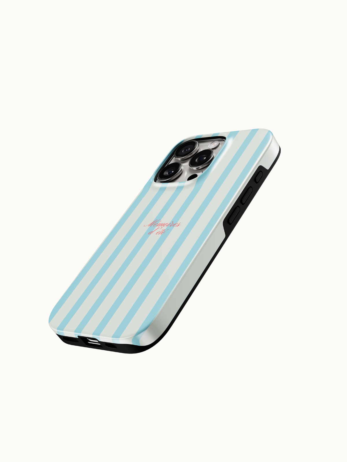 Blue striped phone case close up of the red Memoires d'Ete summer memories script print, glossy preppy aesthetic case from The Feelz
