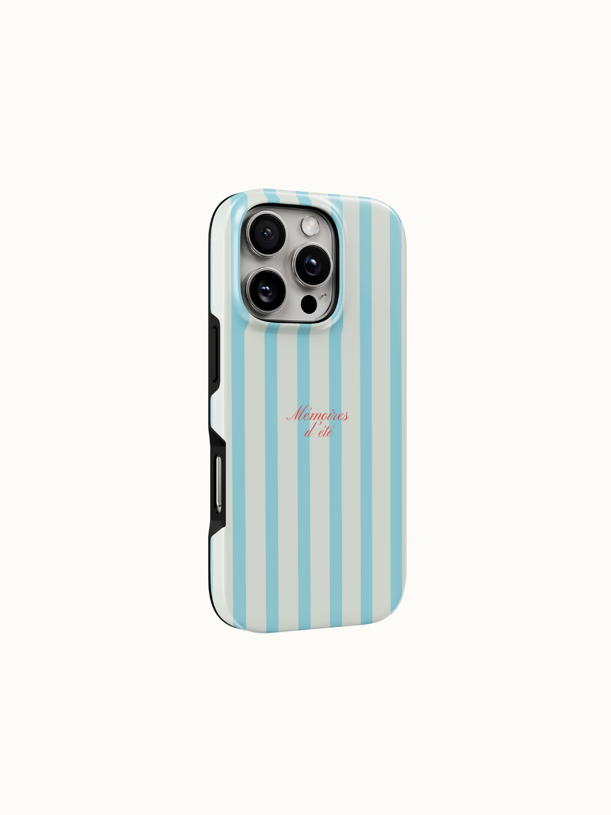 Blue striped phone case close up of the raised bezel and glossy edge, tough striped iPhone case by The Feelz