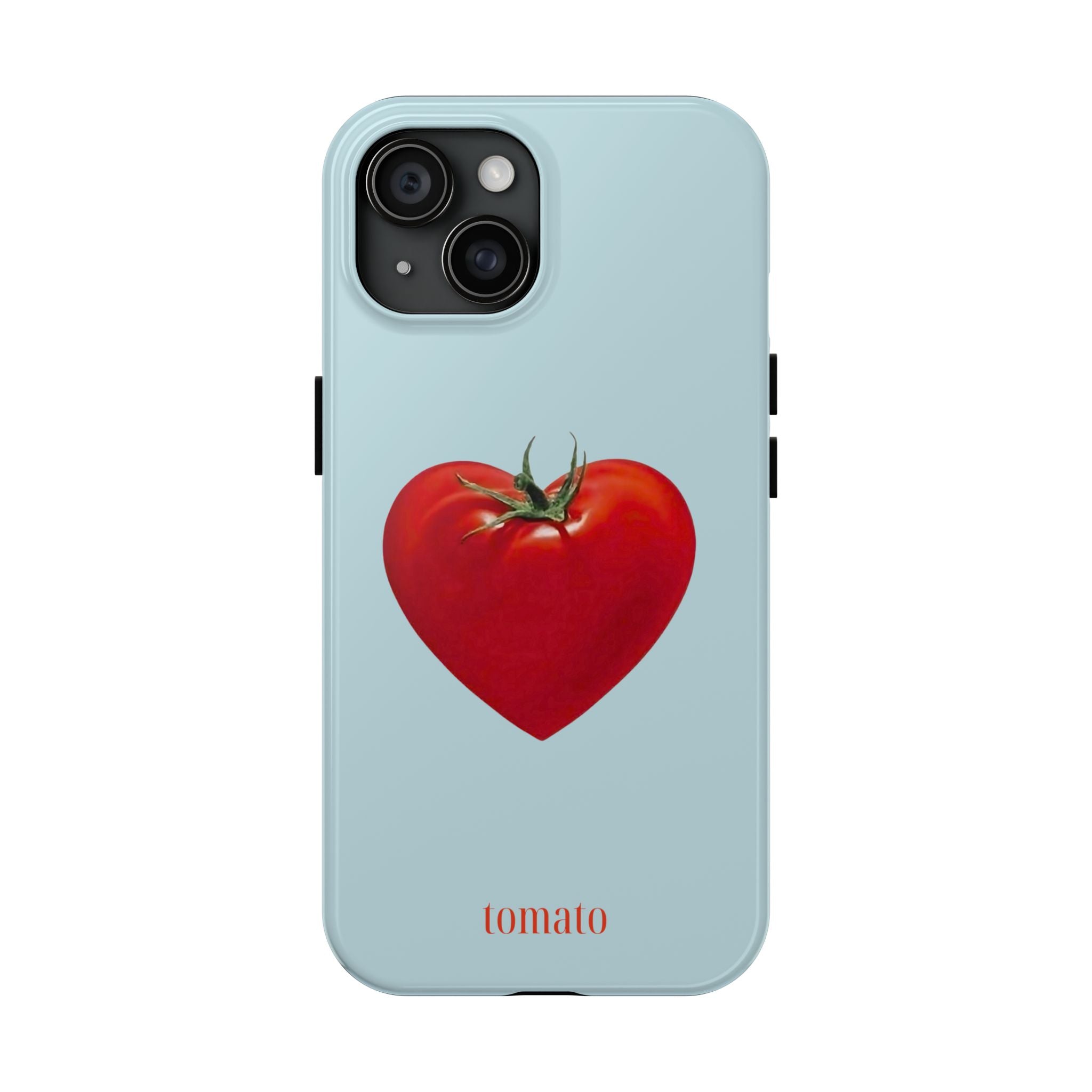 Glossy blue iPhone case with a red tomato heart — perfect for dopamine dressing and soft girl outfits.