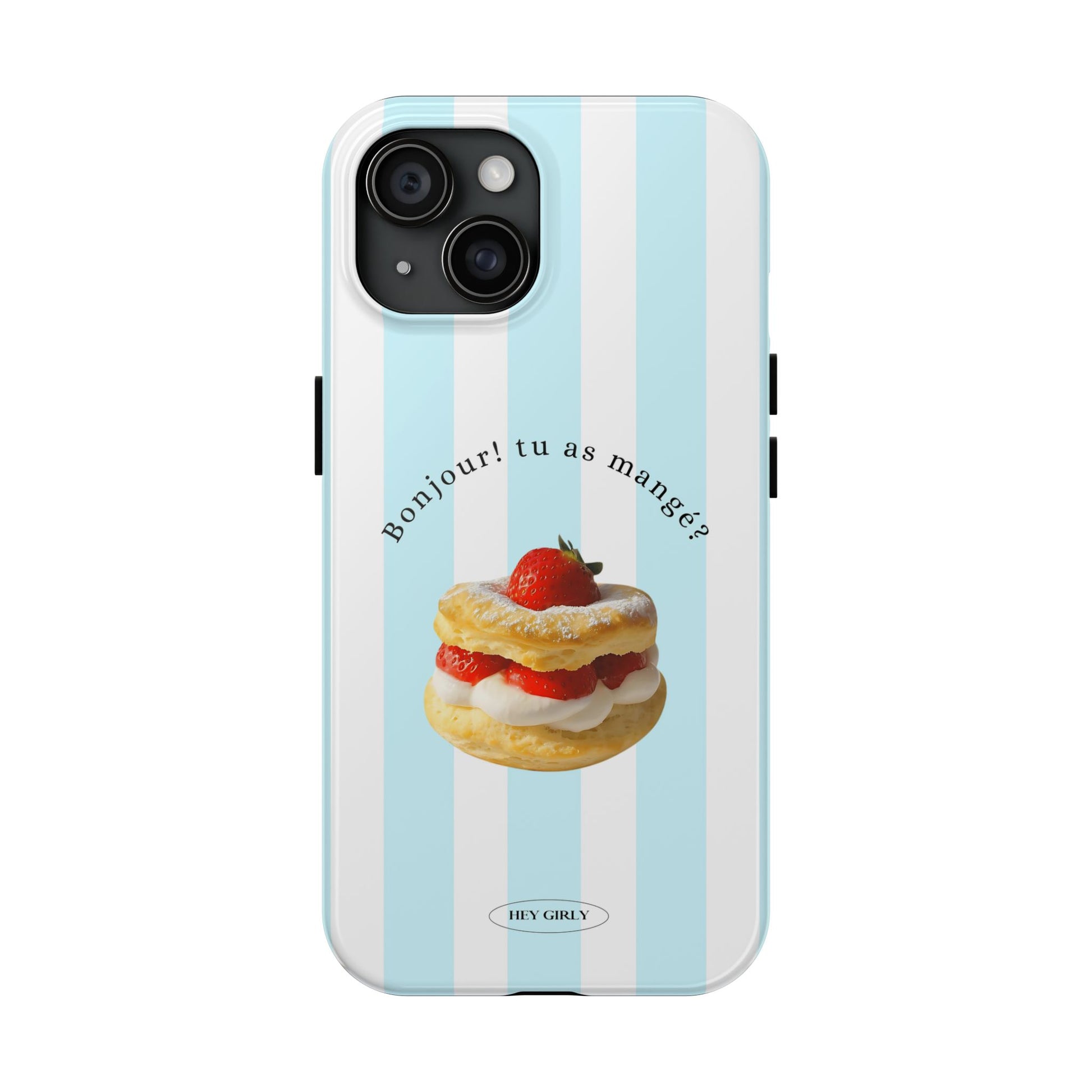Cute pastel iPhone case with blue-and-white stripes and French shortcake design.