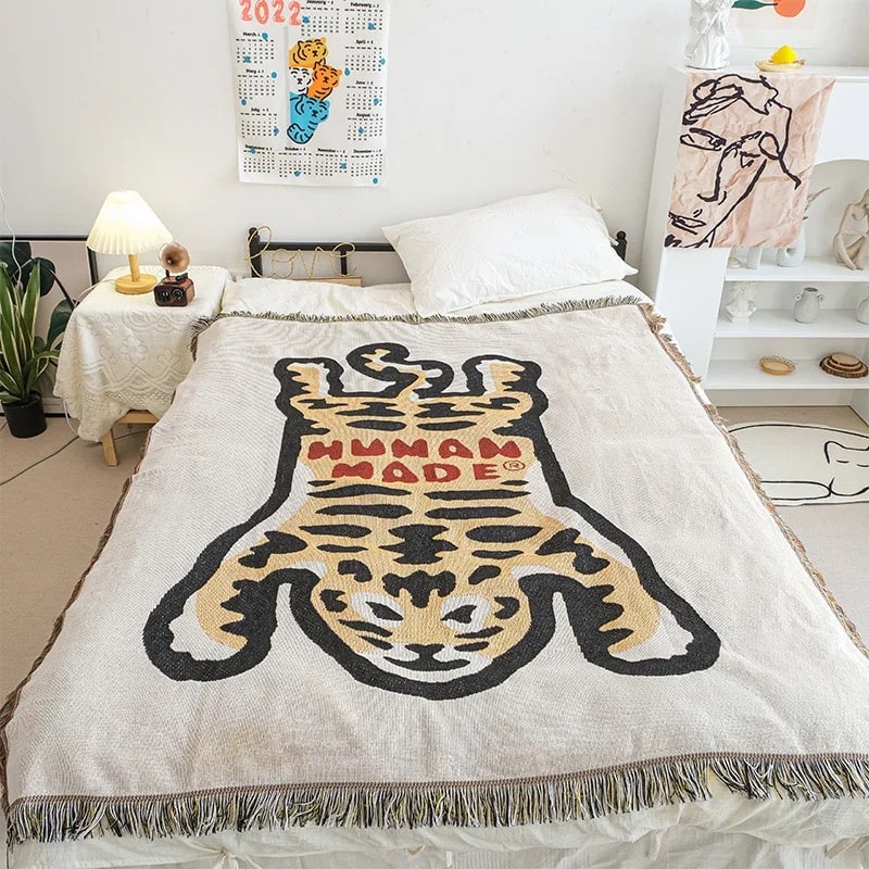 Human Made tiger throw blanket with folk art design