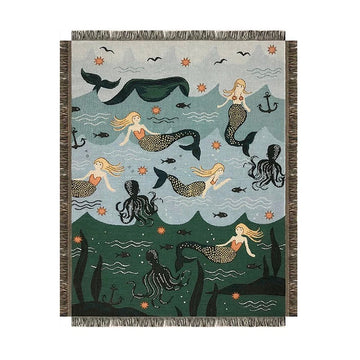 Mermaid-themed blanket with mermaids, octopuses, and sea creatures on a blue and green background.