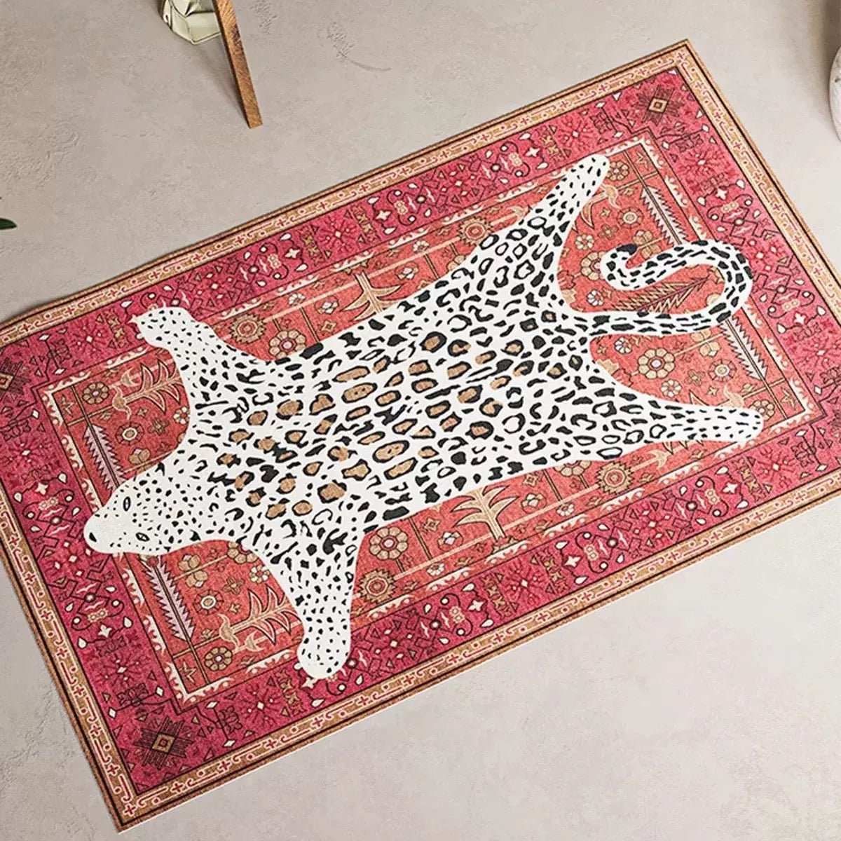 Boho leopard carpet with red Moroccan pattern and animal print center