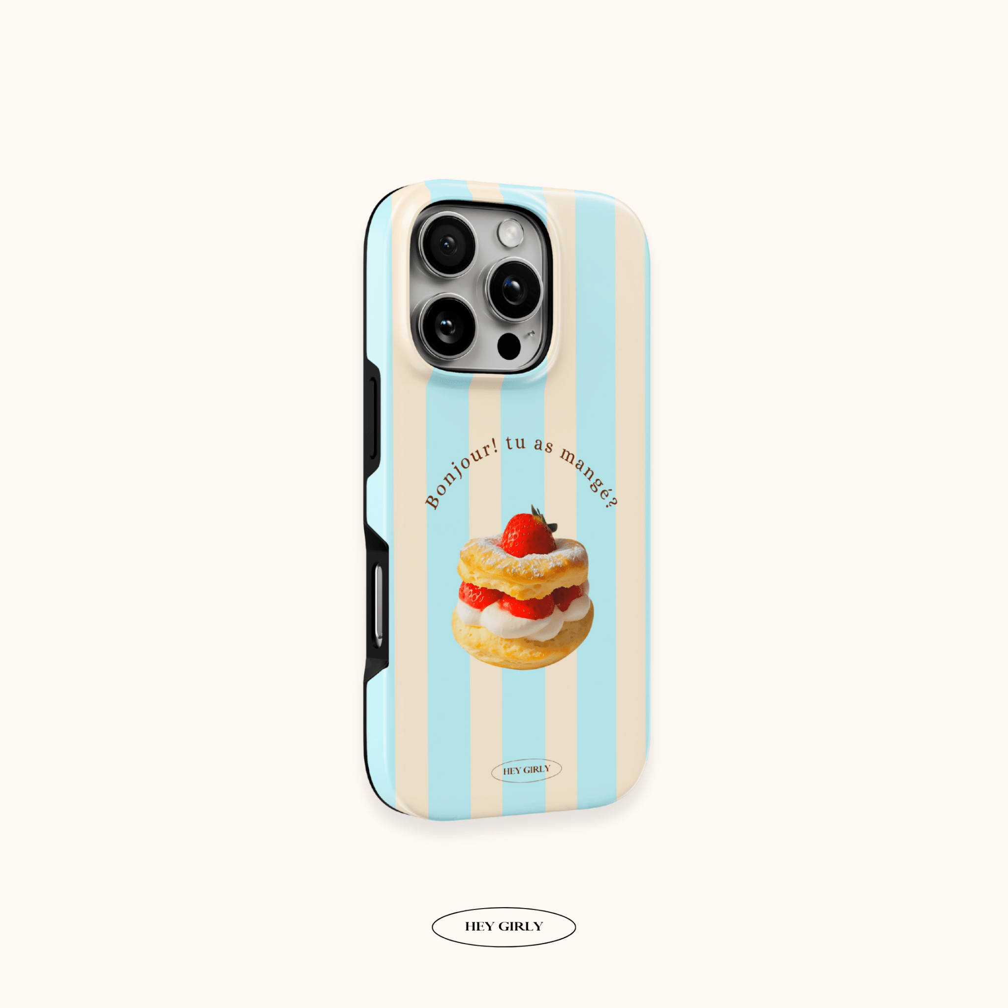 Phone case with dessert design and striped pattern on a white background