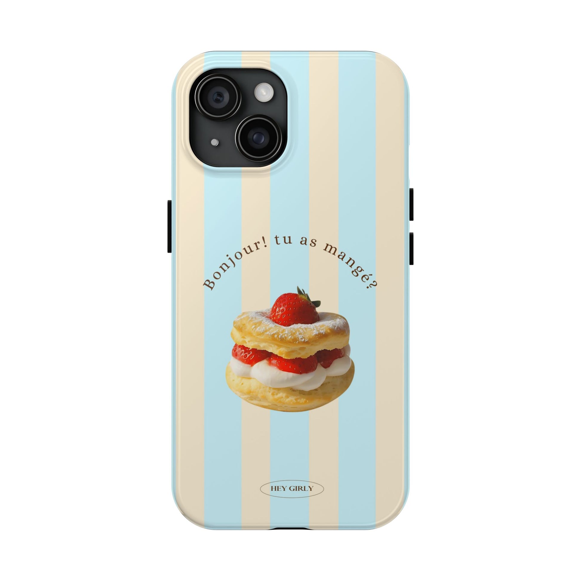 Phone case with a dessert design and text on a striped background