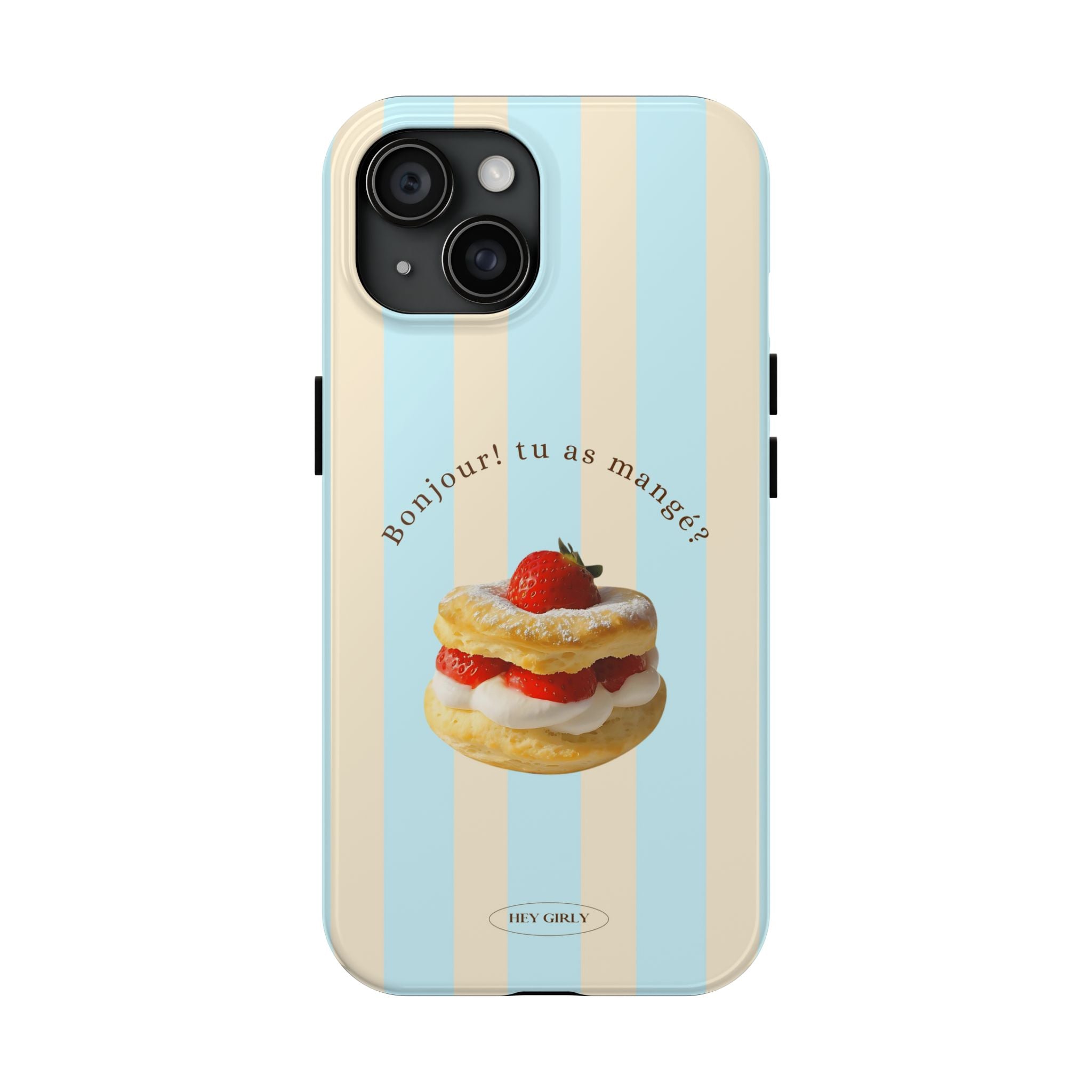 Phone case with a dessert design and text on a striped background