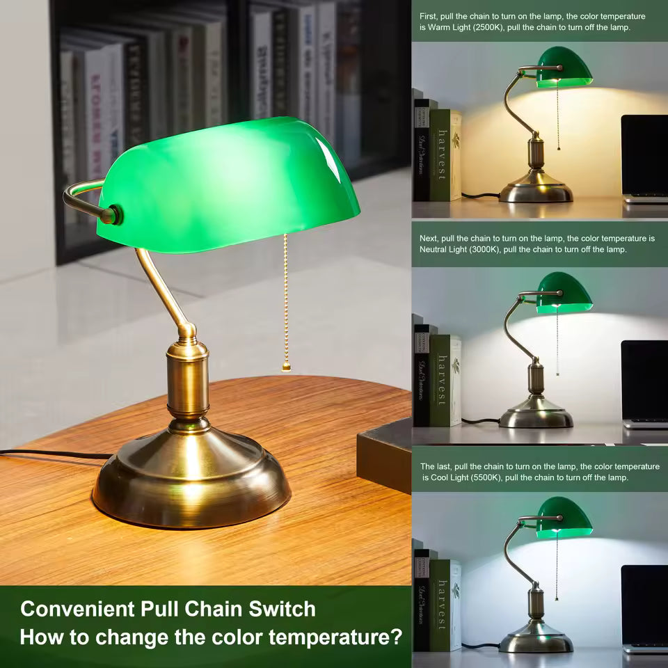 Green desk lamp with gold base on a wooden table, showing different color temperatures.