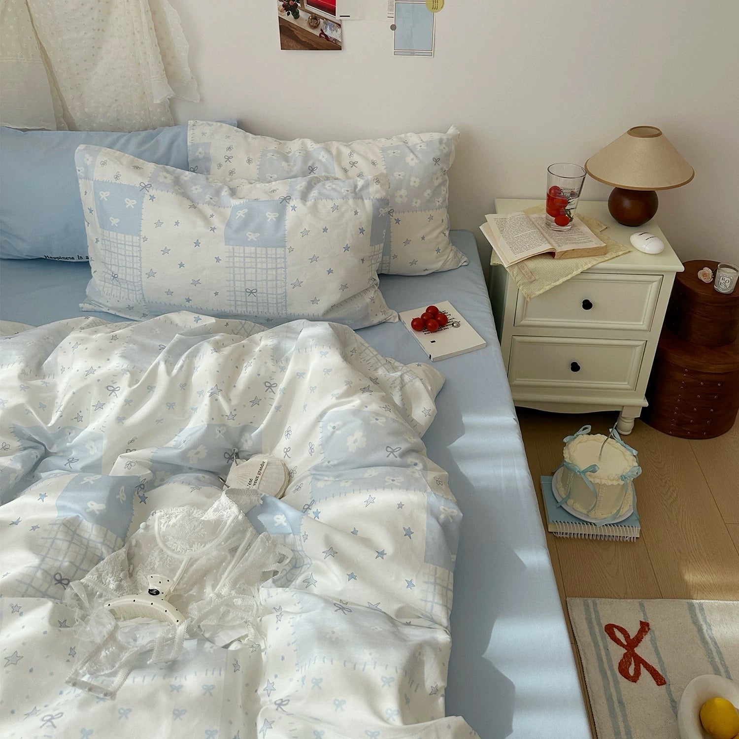 Dorm room makeover featuring blue patchwork cotton duvet cover set with pillowcases.