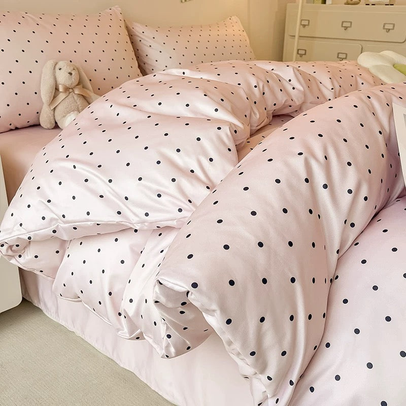 Preppy room makeover with satin polka dot duvet cover set.