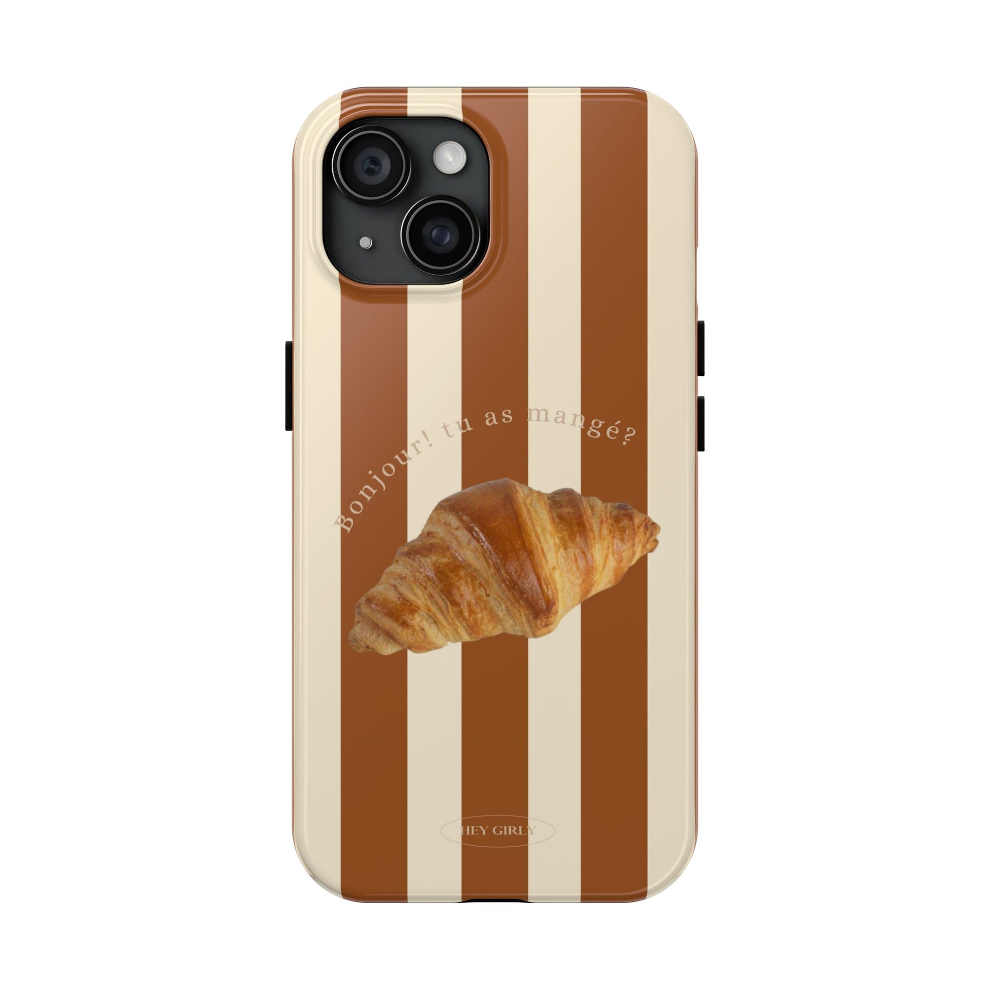 Cozy coffee aesthetic iPhone case featuring a buttery croissant on neutral stripes
