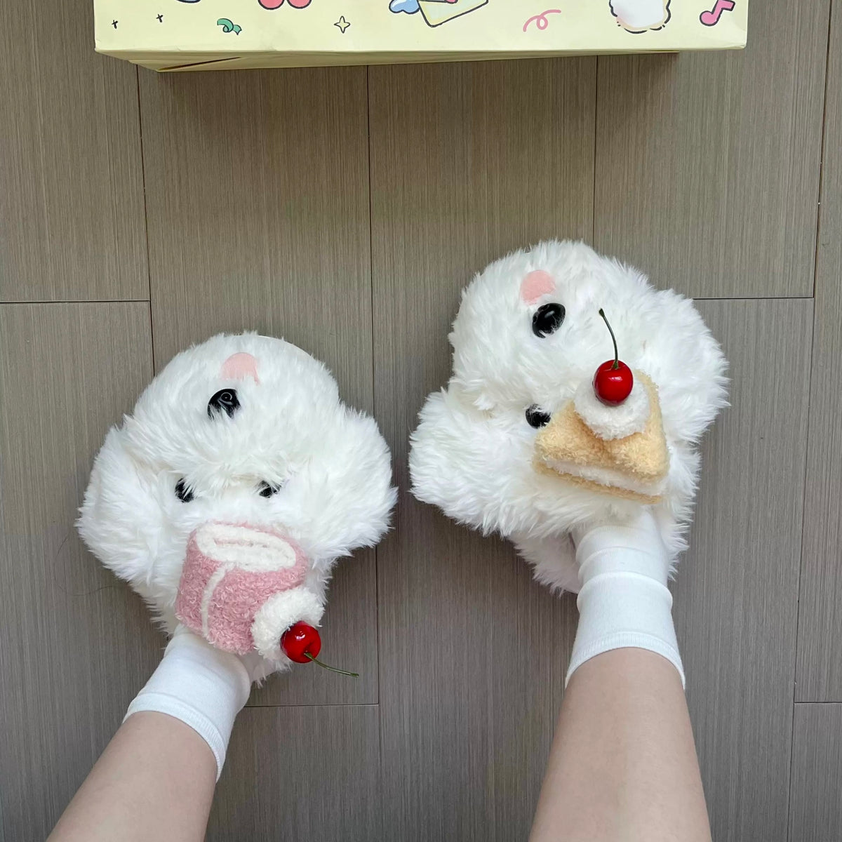 Brown fluffy dog slippers showing the thick EVA sole from the side
