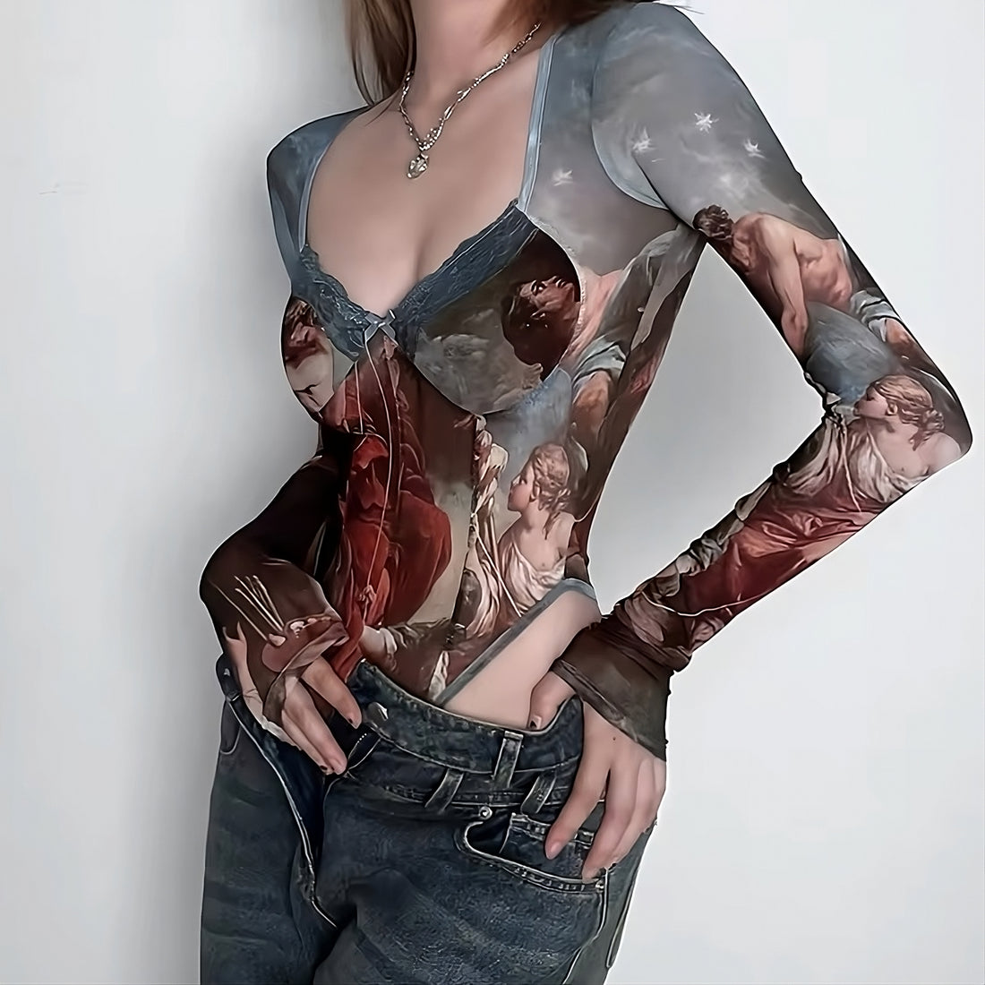 Y2K aesthetic long sleeve mesh bodysuit with gothic oil painting print