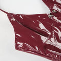 Burgundy Leather Crop Top featuring a V-neck bandage halter style for a vintage club party look.