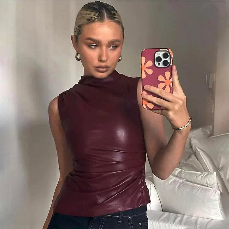 Burgundy PU leather tank top with ruched design for Y2K fashion