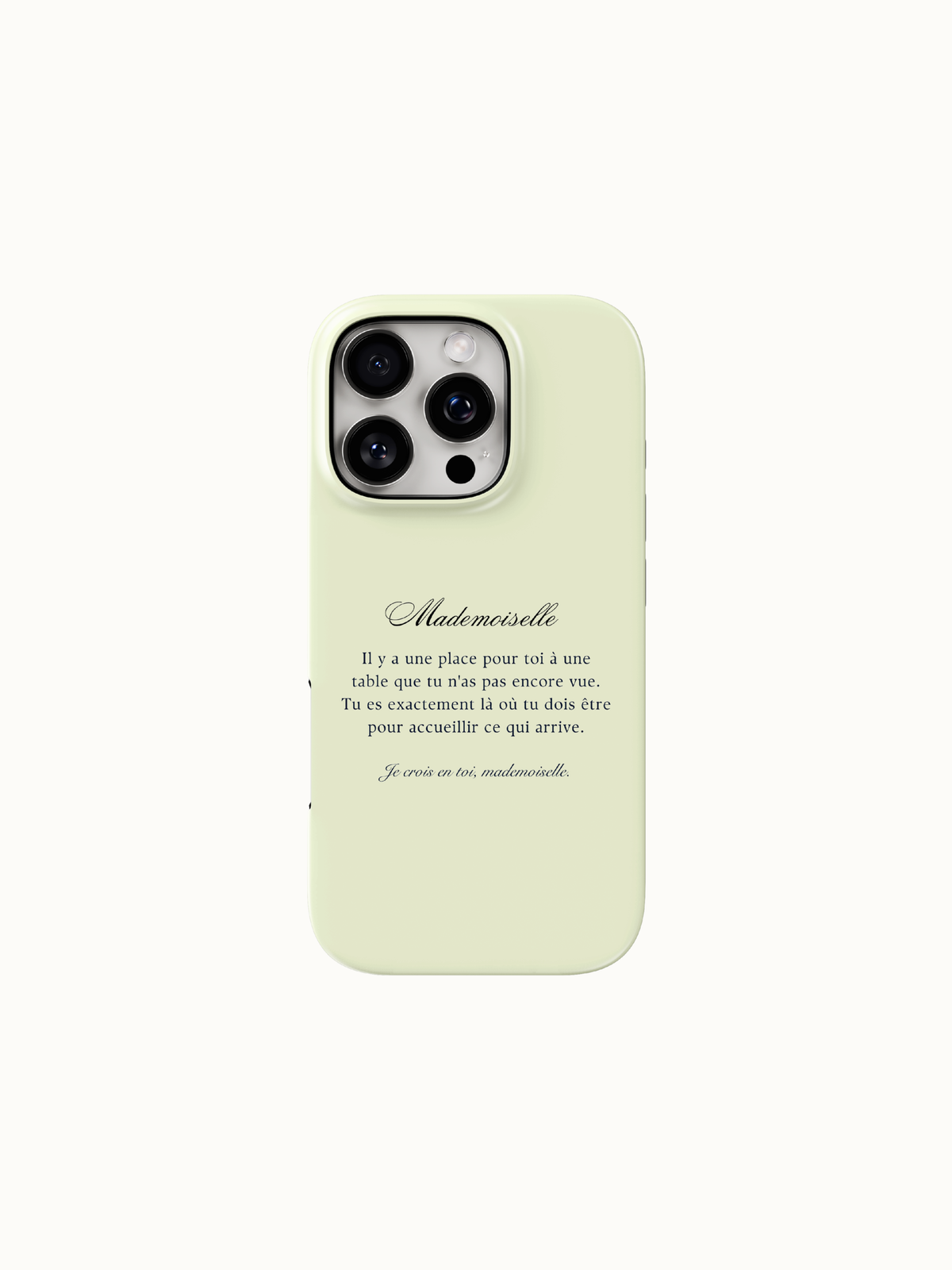 Butter yellow phone case with Mademoiselle French poem, back view on an iPhone, The Feelz