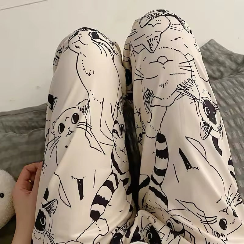 Loose wide-leg cartoon cat pajama pants for casual loungewear