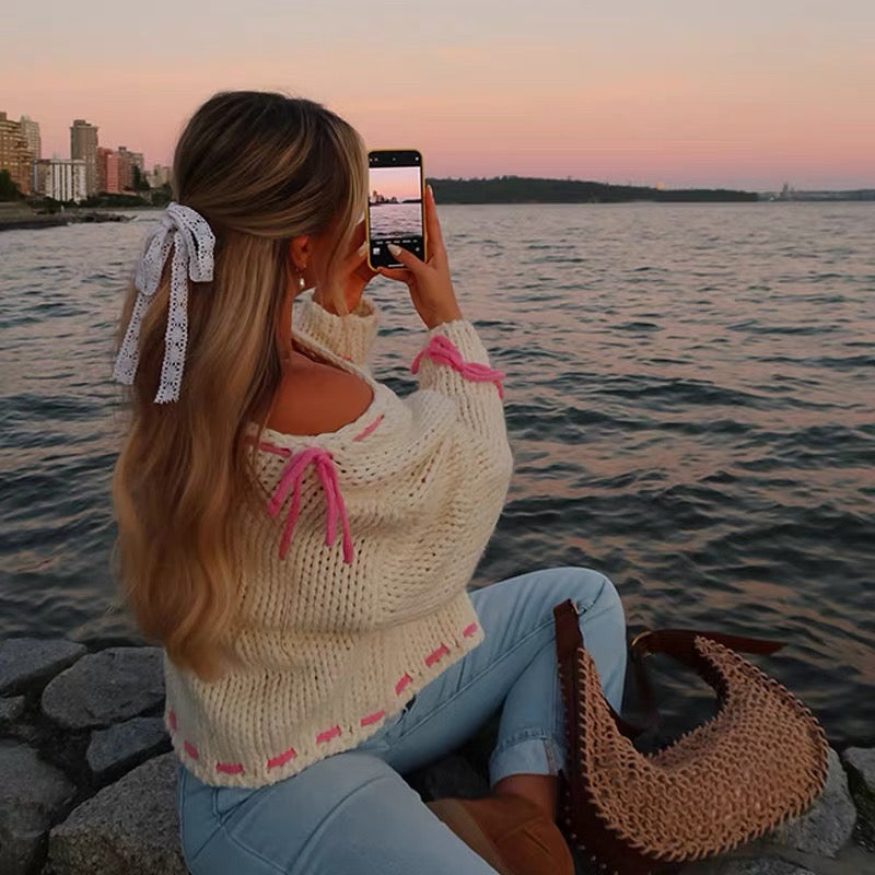 Coquette Bow Hoodie Pink and White Knitted Sweater