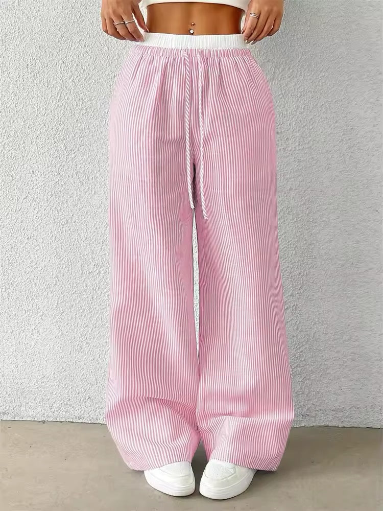 Casual striped loose trousers in pink and blue for women