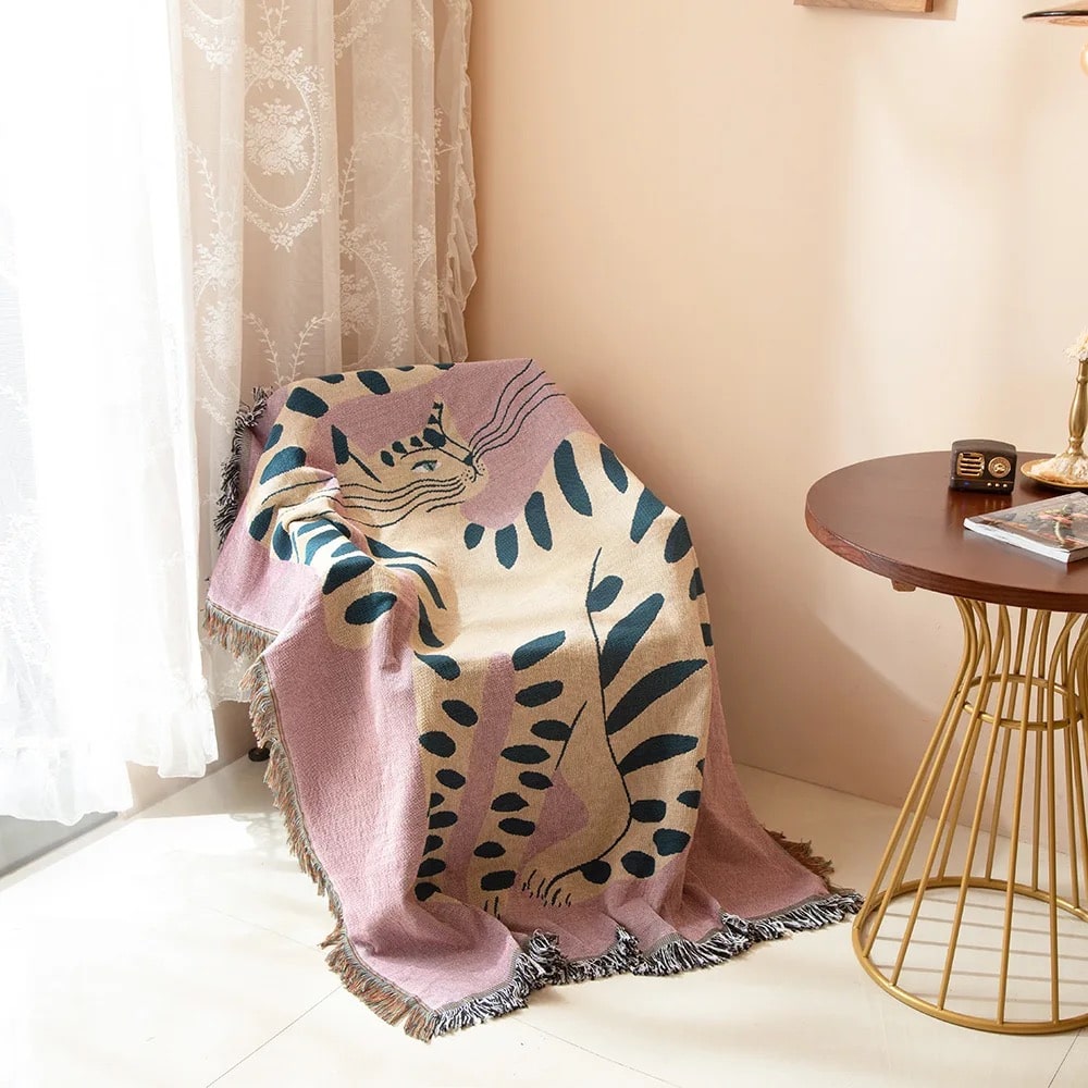 Pink Cat Tassel Blanket in Outdoor Picnic Setting