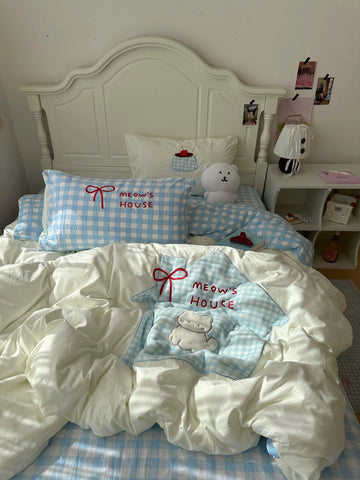 Aesthetic cat blue house bedding set with gingham pillow and quilt.