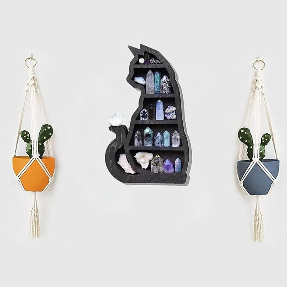 Hanging wall shelf for crystals with moon and stars