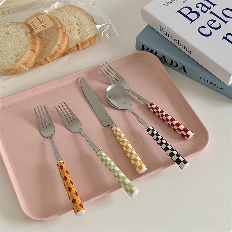 Retro Checkerboard Cutlery Set – 3-Piece Tableware with Ceramic Handles