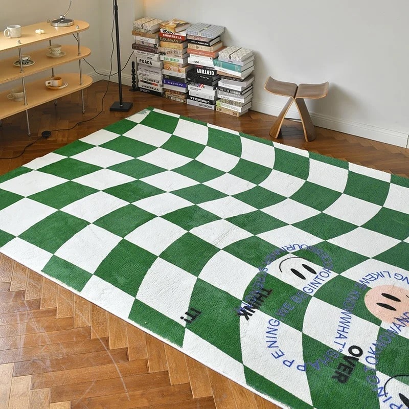 Checkerboard Bedroom Rug – Soft Plaid Carpet for Girls' Room Decor