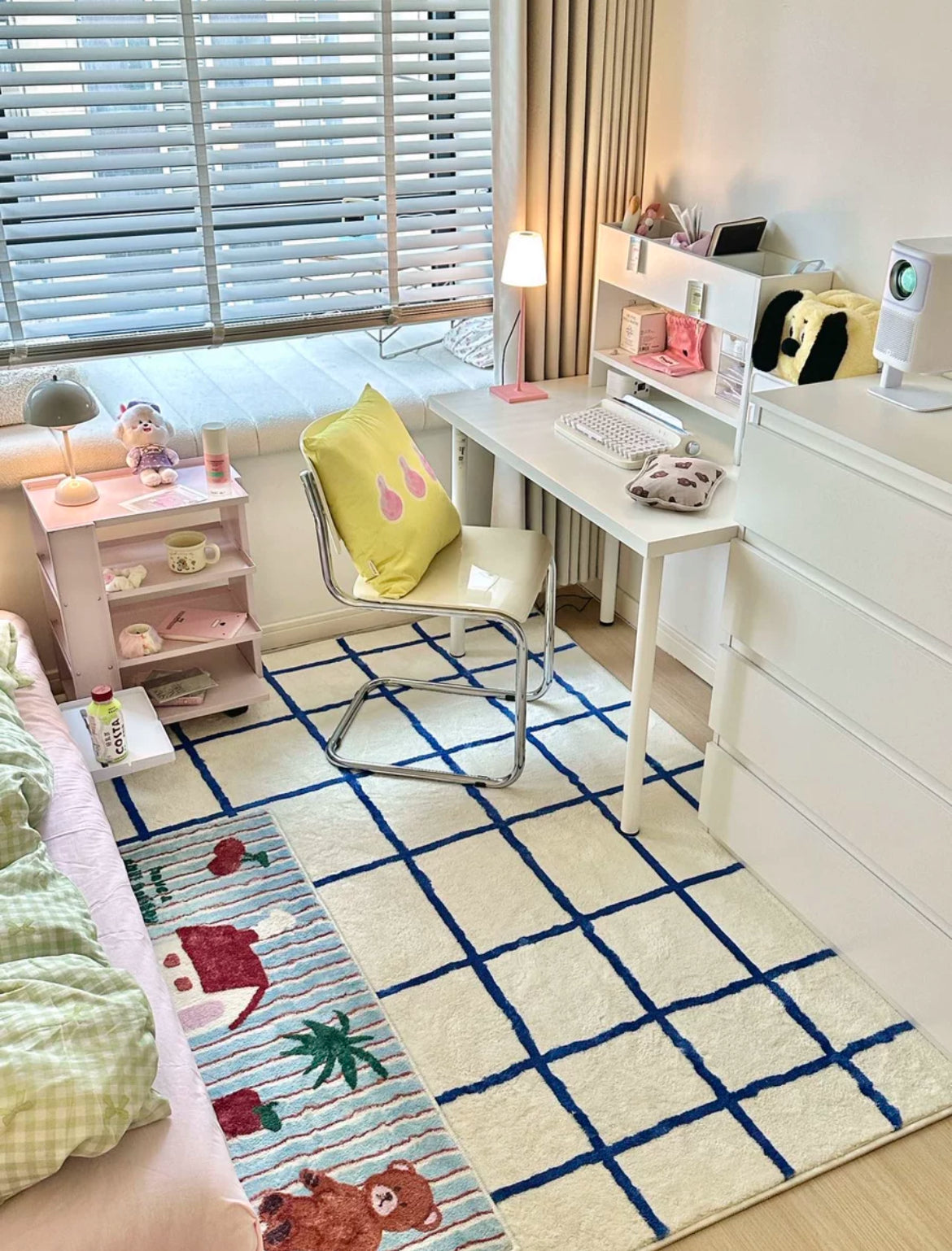 Fluffy plaid rug for aesthetic girly bedroom