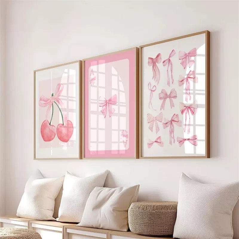 Preppy wall decor showing framed pink art trio in a minimalist girly living room.