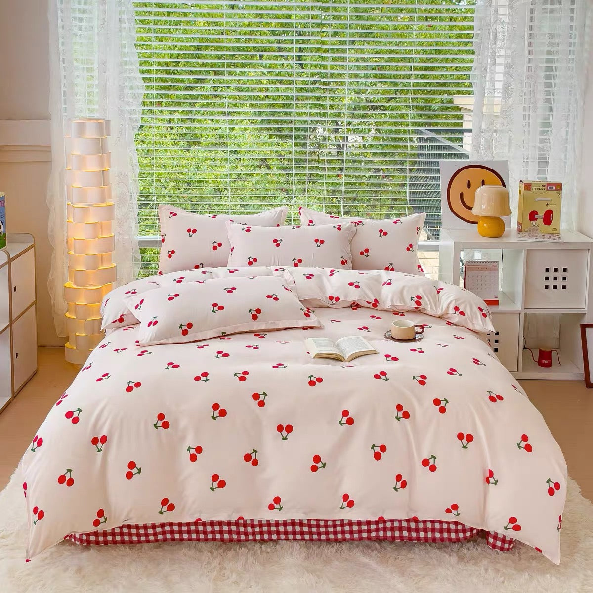 Cozy cherry bedding set with duvet cover and pillowcases for aesthetic bedrooms.