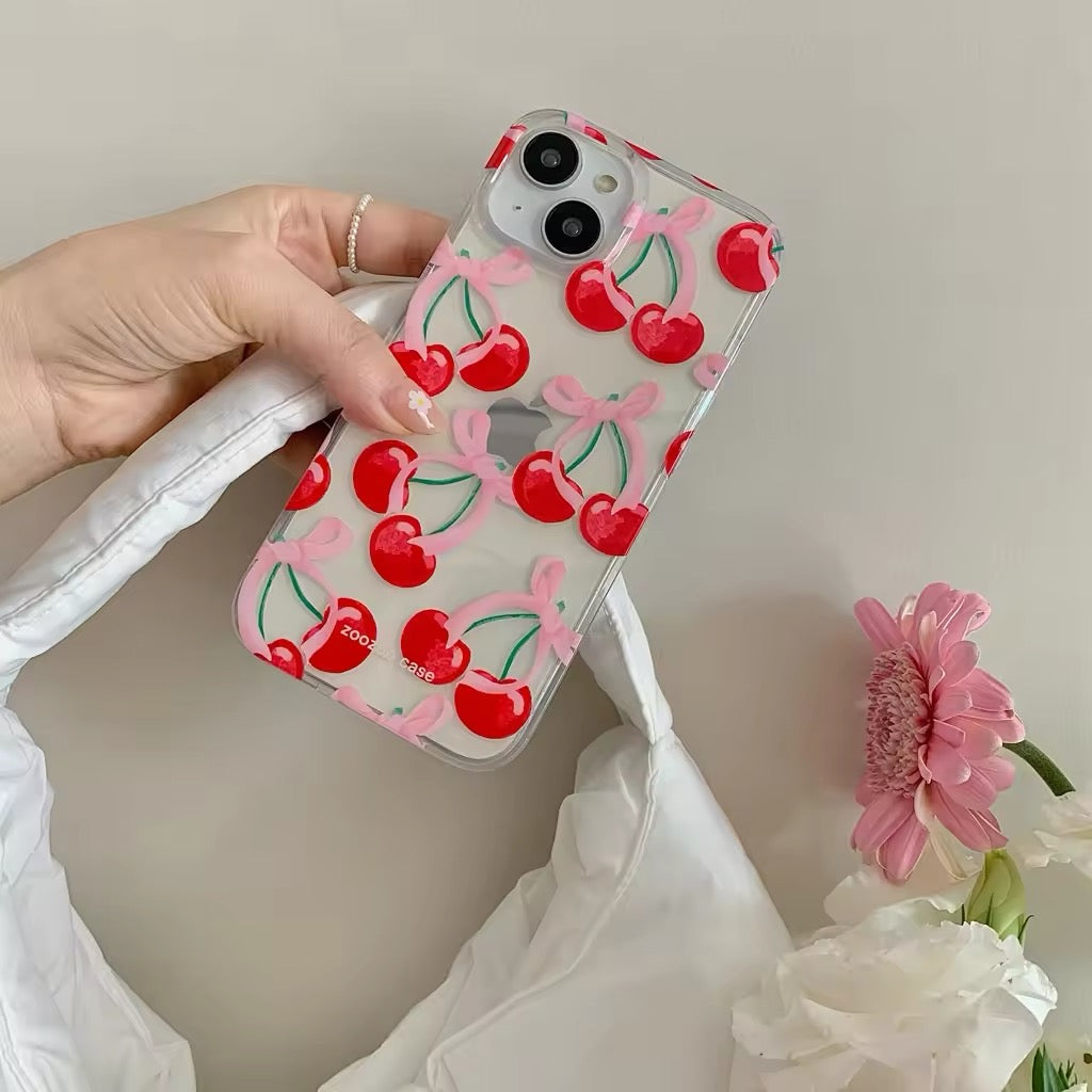 Girly iPhone case with cherries and pink bowknot, perfect for Y2K style