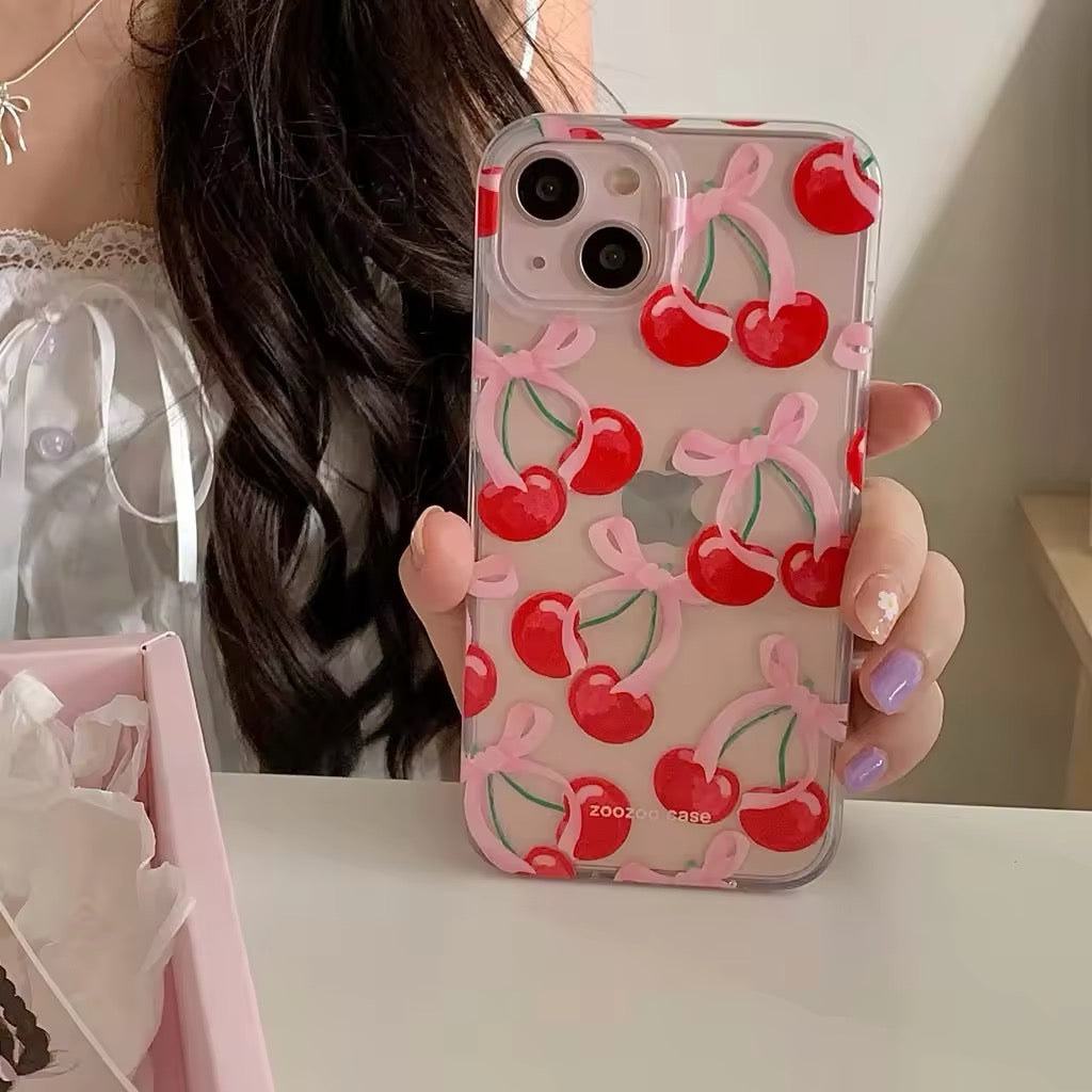 Cherry bow iPhone case for girls, featuring cute pink and clear design