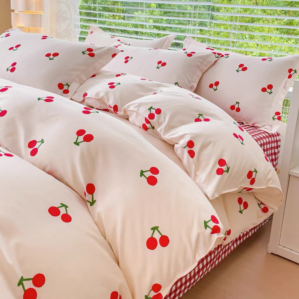 Soft cherry duvet cover set perfect for kawaii and coquette bedroom decor.