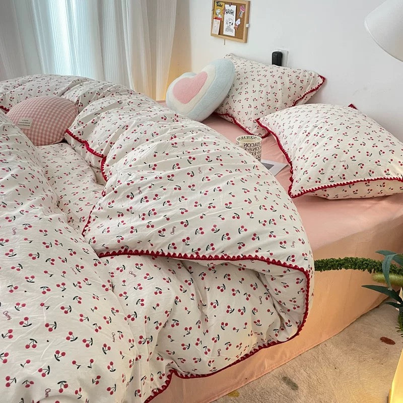 Cherry soft bedding set on a Queen-sized bed