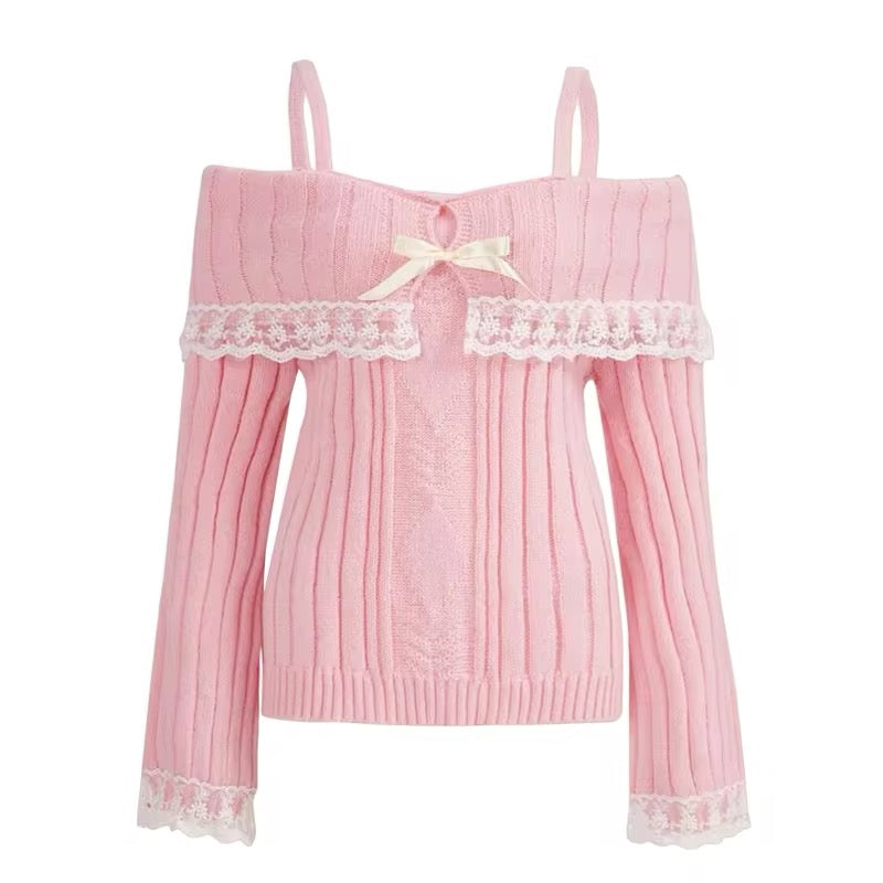 Cute Pink Bow Sweater O-neck coquette sweater bow