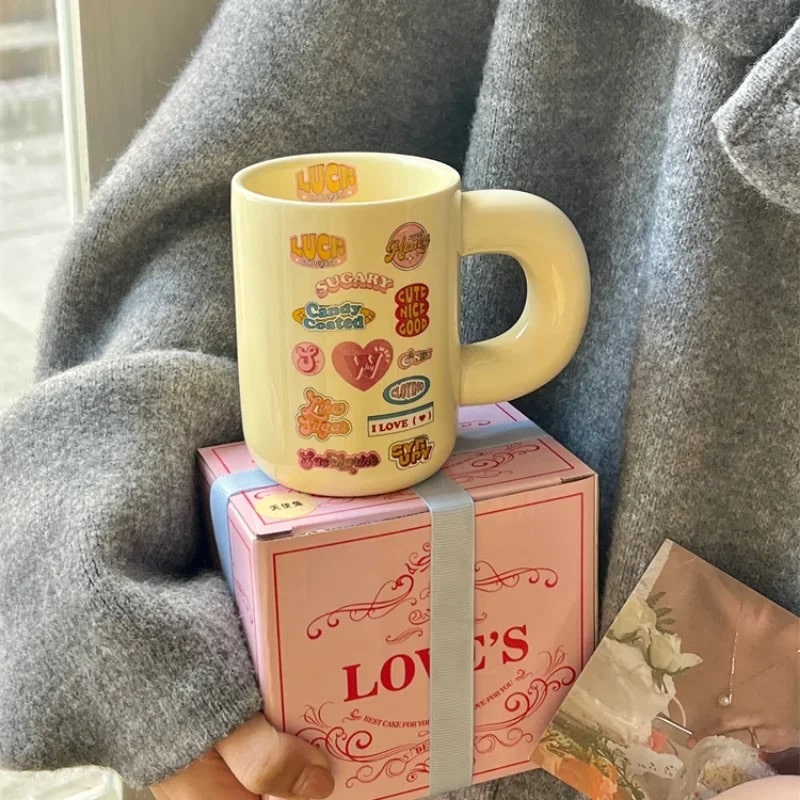 Retro ceramic chubby mug for tea, coffee, or milk. Perfect 300ml gift set for students, soft girl decor, or holiday gifting.