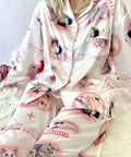 Cute kitty-themed satin pajamas, perfect sleepwear for cat lovers